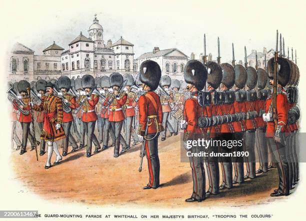 victorian british army, trooping the colours, guards parade at whitehall, band, military history, vintage illustration, 19th century, richard simkin - trooping the color stock illustrations