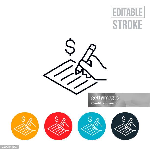 ilustraciones, imágenes clip art, dibujos animados e iconos de stock de llenando a mano un formulario de solicitud financiera icono de línea fina - trazo editable - beca
