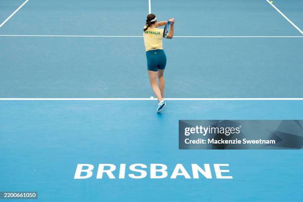 Kimberly Birrell practices during a media opportunity at Pat Rafter Arena on February 18, 2025 in Brisbane, Australia.