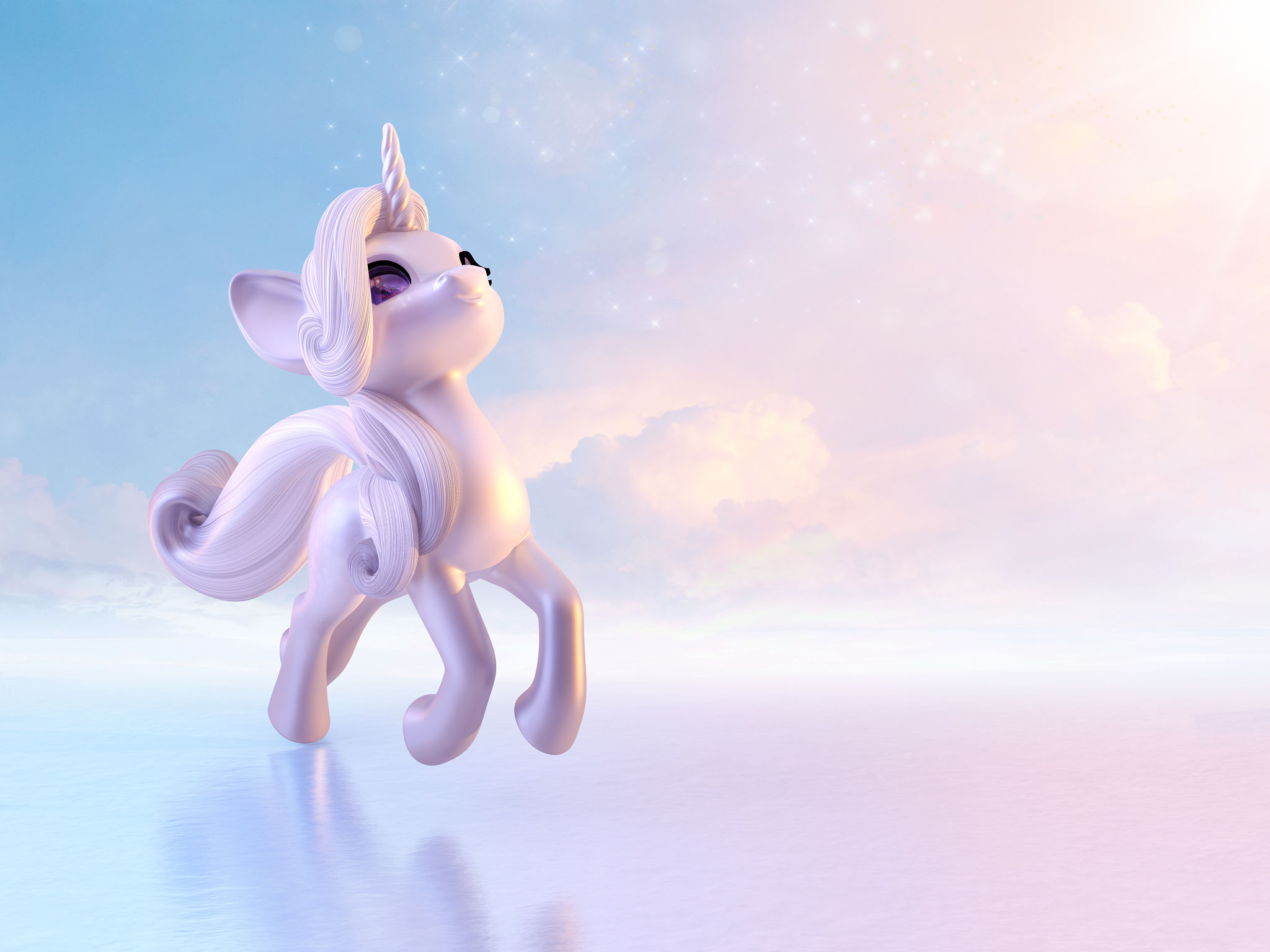 3D render of a cute unicorn character with pastel colors on a dreamy fantasy background. 3D render of a cute unicorn character with pastel colors on a dreamy fantasy background.