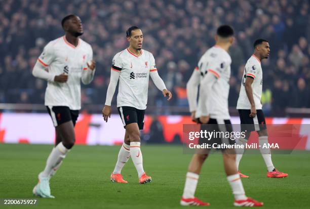 Virgil van Dijk of Liverpool l reacts during the Premier League match between Aston Villa FC and Liverpool FC at Villa Park on February 19, 2025 in...
