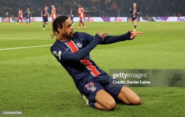 Bradley Barcola of Paris Saint-Germain celebrates his first goal during the UEFA Champions League 2024/25 League Knockout Play-off Second Leg match...