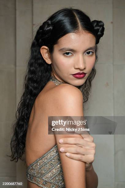 Model is seen backstage at the Annie's Ibiza Collection London Fashion Week Runway Show during London Fashion Week February 2025 on February 22, 2025...