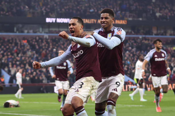 Ollie Watkins of Aston Villa celebrates after scoring their second goal during the Premier League match between Aston Villa FC and Liverpool FC at...