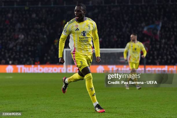 Timothy Weah of Juventus celebrates scoring his team's first goal during the UEFA Champions League 2024/25 League Knockout Play-off second leg match...