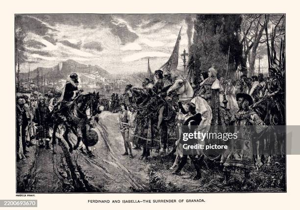 stockillustraties, clipart, cartoons en iconen met january 2, 1492 : ferdinand and isabella : the surrender of granada. defeat which signs the end of islamic domination in the iberian peninsula xxxl - ferdinand ii of aragon