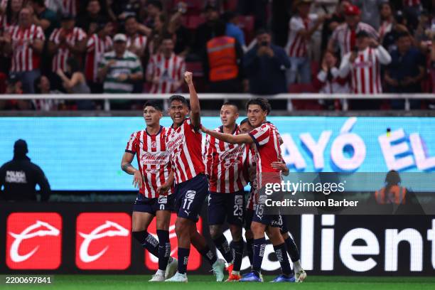 Luis Romo of Chivas celebrates after scoring the teams second goal during the 8th round match between Chivas and Pachuca as part of the Torneo...
