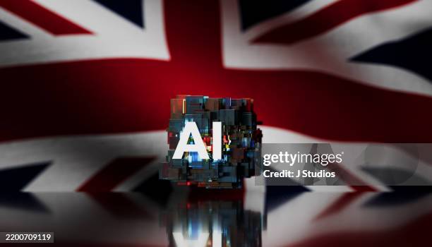 abstract ai symbol hovering in front of british flag with shallow depth of field - artificiell generell intelligens bildbanksfoton och bilder