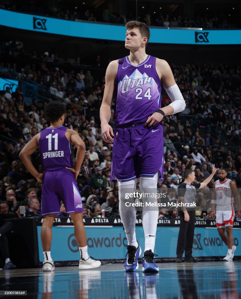 2008 Rockets Jazz Walker Kessler of the Utah Jazz looks on during the game against the ...