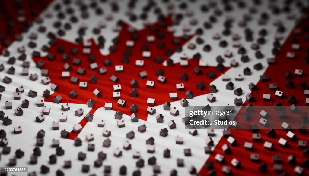Metallic House Symbols on Canadian Flag Background