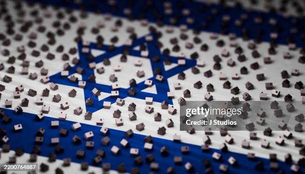 metallic house symbols on israeli flag background - factor de riesgo fotografías e imágenes de stock