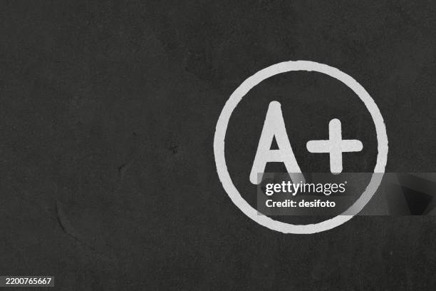 empty bright dark black coloured grunge textured horizontal rustic vector vintage chalkboard backgrounds with uneven, smudges, scratches and one white encircled old retro style text a+ in a circle for top quality, success painted on blackboard - plus texture stock illustrations