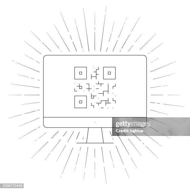 ilustraciones, imágenes clip art, dibujos animados e iconos de stock de ordenador de sobremesa con código qr. icono de línea con rayos de sol sobre fondo blanco - qr-code-scan-icon
