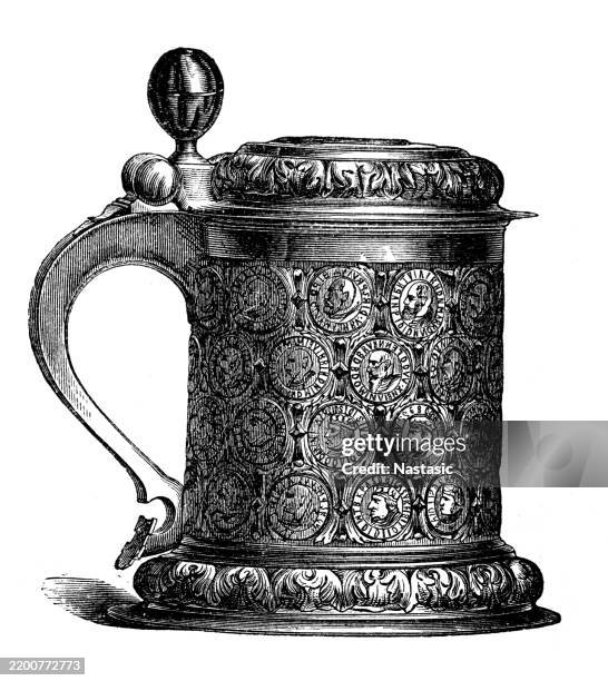 thaler mug ,thaler tankard (16th century), bavarian national museum munich - measuring-glass-drawing stock illustrations