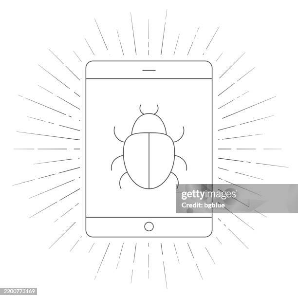 tablet pc with bug. line icon with sunbursts on white background - cracker isolated stock illustrations