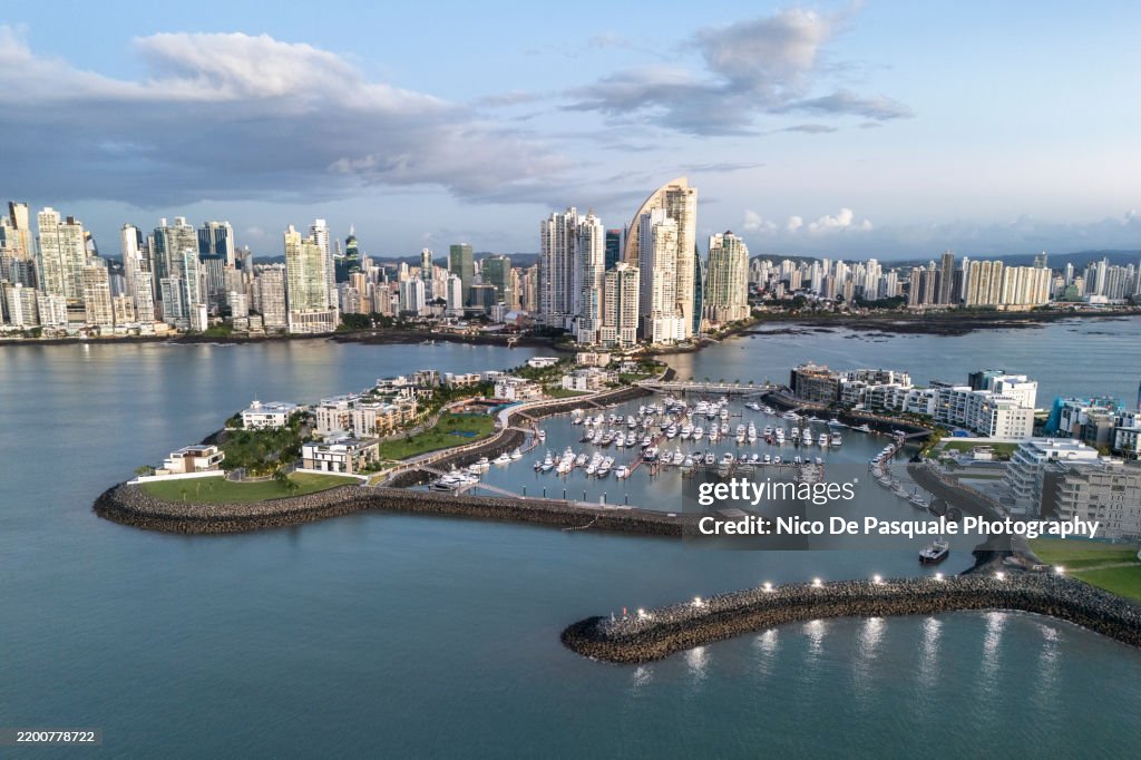Aerial Panama City Skyline with Luxury Marina