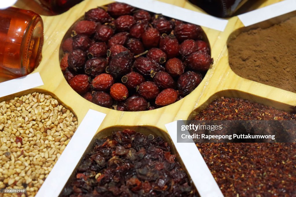 Nervine food with herbs and spices. Health food ingredients for nerve tonic to stimulate the nervous system. Healthy natural adaptogen alternative health care