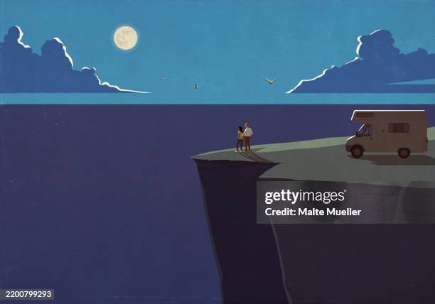 couple standing outside rv enjoying tranquil full moon ocean view on cliff - camper trailer stock illustrations