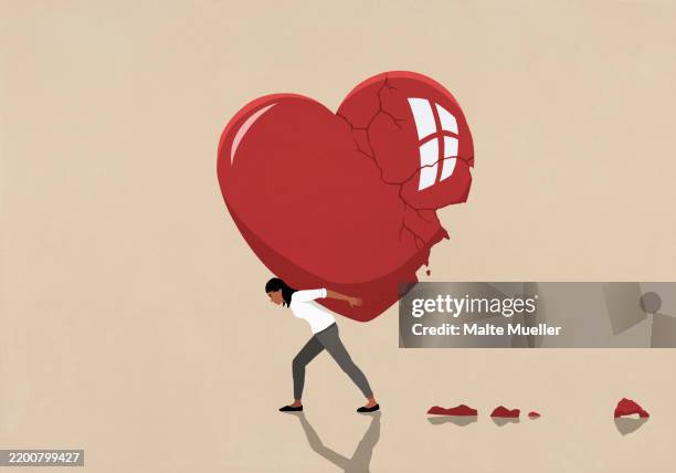 illustrazioni stock, clip art, cartoni animati e icone di tendenza di woman carrying large red broken heart on her back - delusione