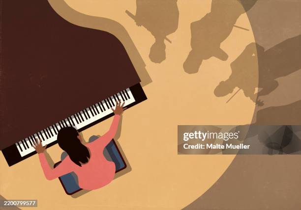 ilustrações de stock, clip art, desenhos animados e ícones de view from above shadow of orchestra musicians next to young woman playing piano in spotlight - musica clássica
