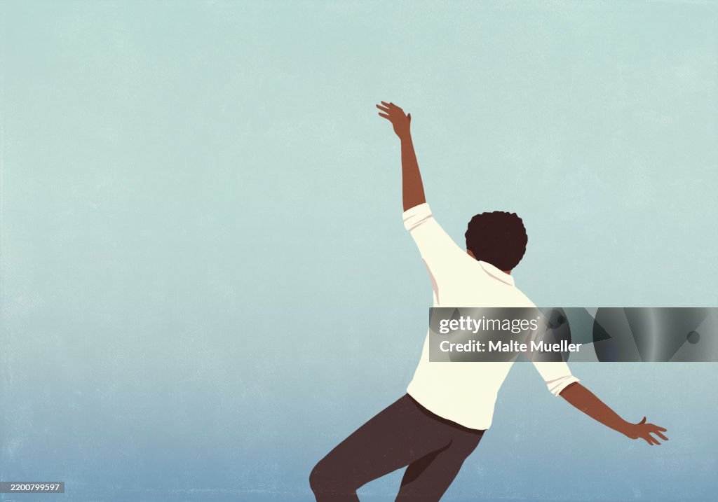 Fall Into Outstretched Hand Low Angle View Man With Arms Outstretched Free Falling Against Blue ...