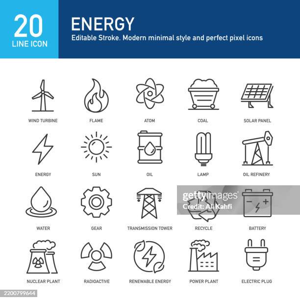 symbole für energielinien. bearbeitbarer strich. enthält strom, erneuerbare energien, sonnenkollektoren und elektrische liniensymbole. vektor-illustration. für website-design, logo, app, vorlage, benutzeroberfläche usw. - kühlturm stock-grafiken, -clipart, -cartoons und -symbole