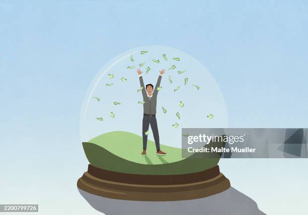stockillustraties, clipart, cartoons en iconen met man inside snow globe throwing money overhead - welvaart