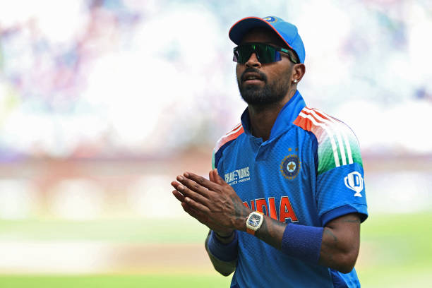 India's Hardik Pandya gestures during the ICC Champions Trophy one-day international cricket match between Pakistan and India at the Dubai...