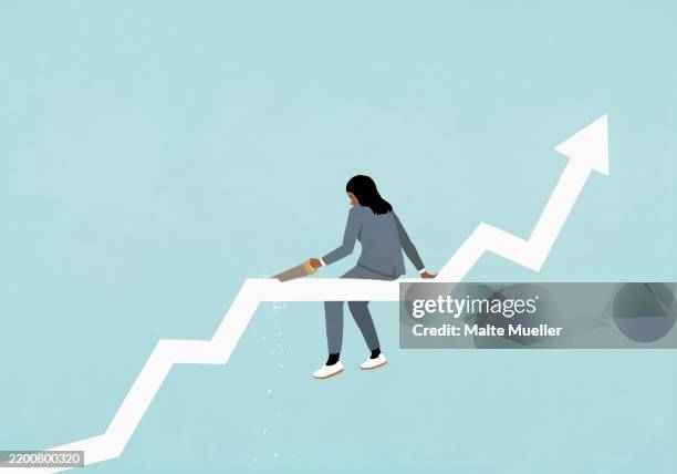 businesswoman with saw cutting ascending chart arrow she is sitting on - selbstmord stock-grafiken, -clipart, -cartoons und -symbole