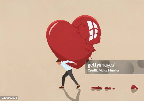 man carrying large broken heart on back - relationship difficulties stock illustrations