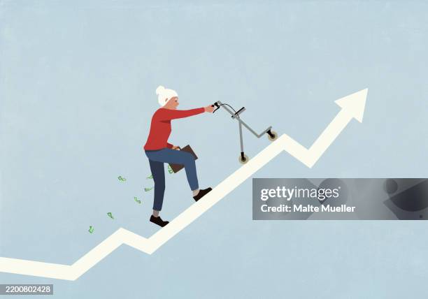 senior woman with walker and money briefcase ascending graph arrow - pensionskasse stock-grafiken, -clipart, -cartoons und -symbole