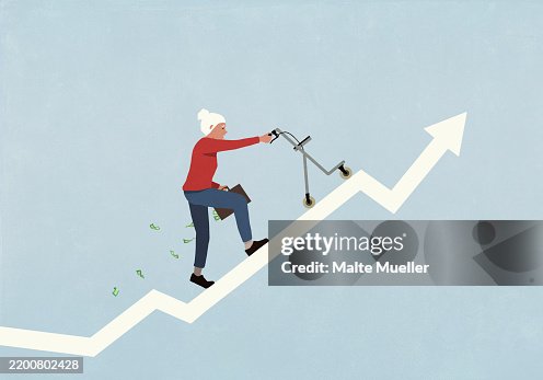 Senior woman with walker and money briefcase ascending graph arrow Senior woman with walker and money briefcase ascending graph arrow