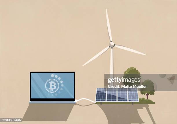 bitcoin laptop connected to wind turbine and solar panels - computer equipment stock illustrations