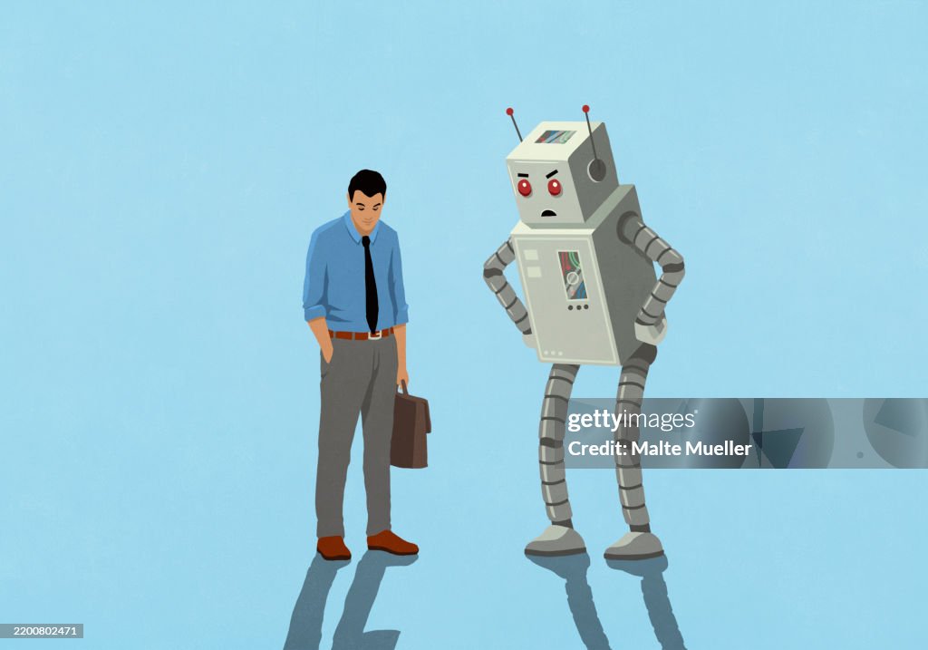 Businessman and robot looking down against blue background