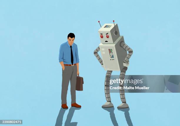 ilustraciones, imágenes clip art, dibujos animados e iconos de stock de businessman and robot looking down against blue background - emoción negativa