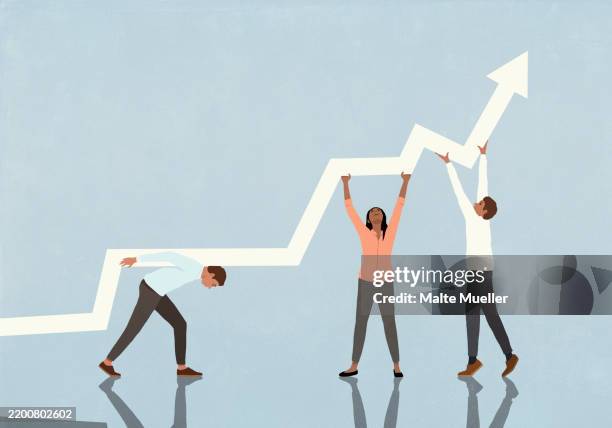 business people trying to lift chart arrow upwards - small business growth chart stock illustrations