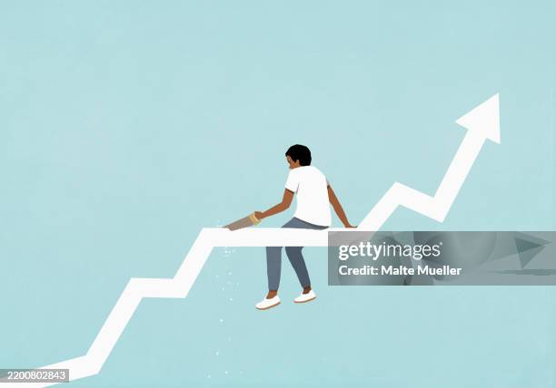 teenage boy with saw cutting ascending chart arrow he is sitting on - data chart stock illustrations