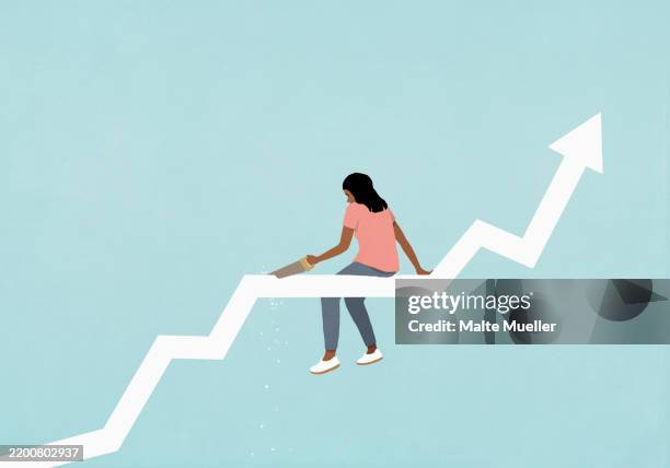 woman with saw cutting ascending graph arrow she is sitting on - chart stock illustrations