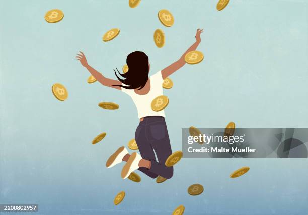 stockillustraties, clipart, cartoons en iconen met carefree, happy woman jumping for joy among falling bitcoins - welvaart