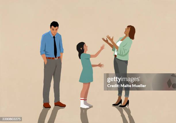 dejected father standing next to wife and daughter arguing - husband stock illustrations