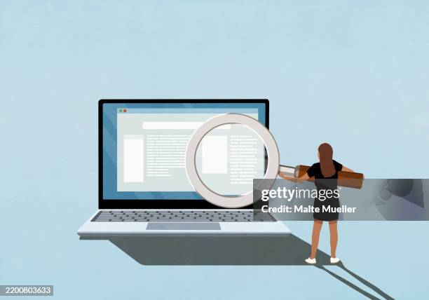 businesswoman with large magnifying glass reading magnified text on laptop screen - scrutiny stock illustrations