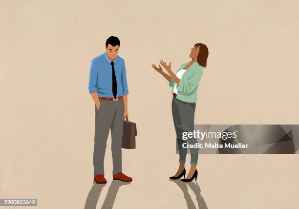 stockillustraties, clipart, cartoons en iconen met businesswoman yelling and gesturing at dejected businessman - collega