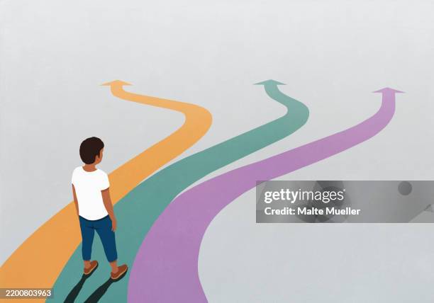illustrations, cliparts, dessins animés et icônes de man looking down at three multicolored arrow paths spreading before him - choisir