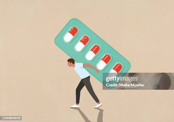 man carrying large medicine blister pack on back against beige background - substance abuse stock illustrations