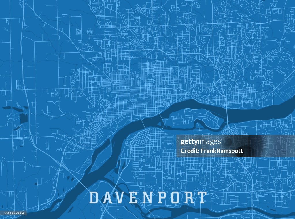 Davenport IA City Vector Road Map Blue Horizontal