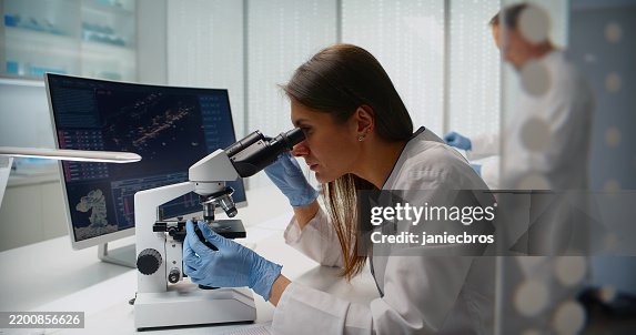 Female scientist checks the bacteria or sample under the microscope, while other scientists work in background Female scientist checks the bacteria or sample under the microscope, while other scientists work in background