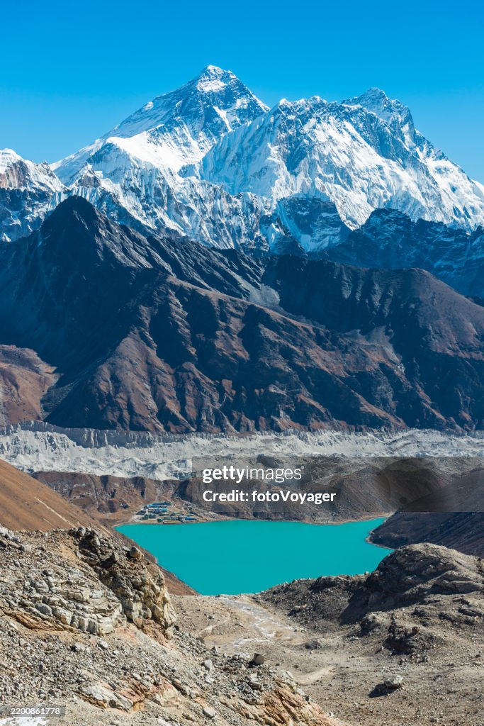 Mt Everest Nuptse Lhotse overlooking Gokyo Lake glacier Himalayas Nepal
