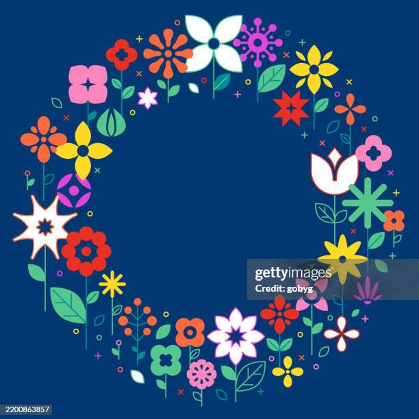 abstract geometric wreath, flower frame in circle background - spring flower bed stock illustrations
