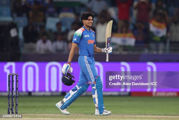 Shubman Gill of India celebrates reaching his century during the ICC Champions Trophy 2025 match between Bangladesh and India at Dubai International...