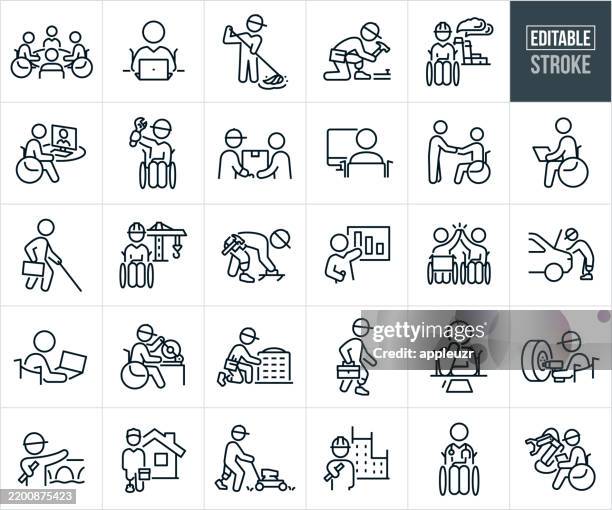 people with disabilities at work working jobs thin line icons - editable stroke - icons include a business person in wheelchair working, construction worker with prosthetic leg, physician in wheelchair, disabled people working, disabled person on computer - disability awareness stock illustrations